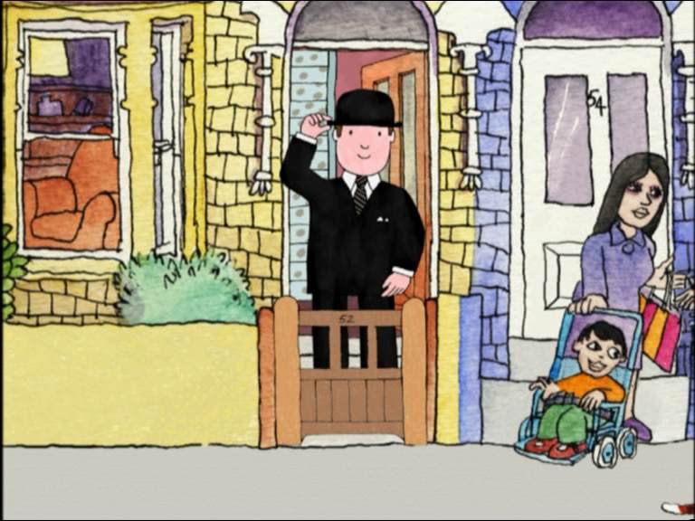 Mr Benn outside his house at 52 Festive Road